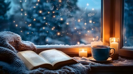 A cozy scene with an open book, a cup of coffee, and candles on the windowsill overlooking snow falling outside