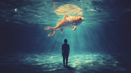Fantasy silhouette of a little boy looking on a giant golden fish