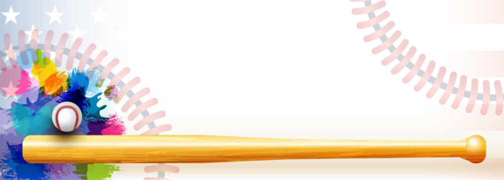 Baseball banner background with 3D items and copy space. Championship ticket or invitation template. Editable design. Empty blank. Sample decoration. Creative backdrop with abstract watercolor stains.