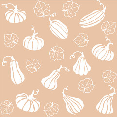 Beige background featuring a variety of hand-drawn pumpkins and leaves in a decorative pattern
