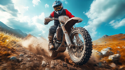 Fototapeta premium Young man on a powerful motorbike riding off-road in an adrenaline-pumping enduro adventure sport