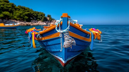 Obraz premium Fishing boat catches small fish on the sea