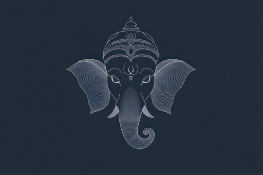 White line art depicting ganesh chaturthi, the hindu god deity, on a dark blue background