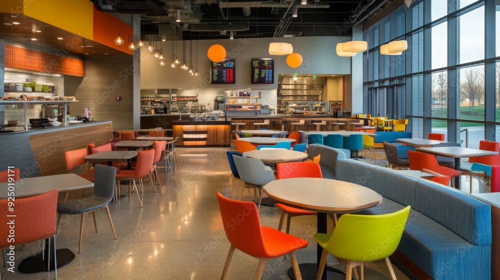 Aufkleber a bright and inviting cafeteria features colorful furniture, large windows allowing natural light, a
