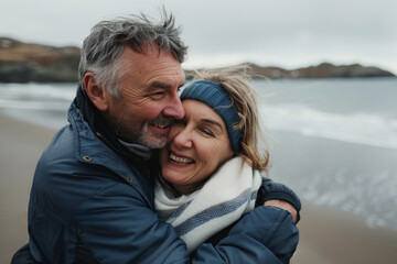 Obraz premium Happy middle-aged couple embracing on a beach during autumn