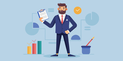 Business man character set. Man looks at the report, takes notes, reads, points. Full length guy in a business suit. Vector illustration
