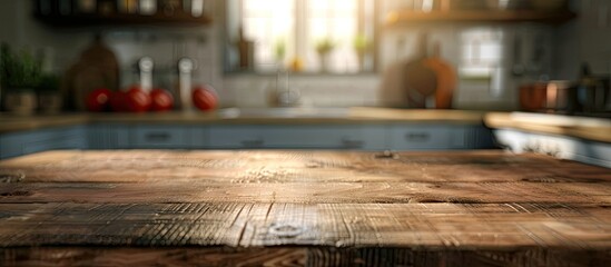 The kitchen setting with a textured wooden table in focus against a blurred backdrop creates an inviting copy space image for food and text.