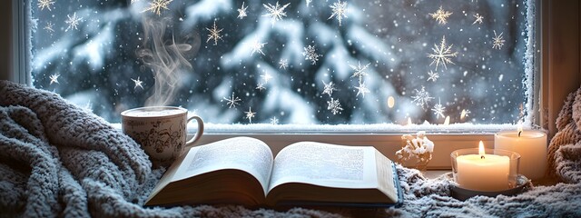A cozy scene with an open book, a cup of coffee, and candles on the windowsill overlooking snow falling outside