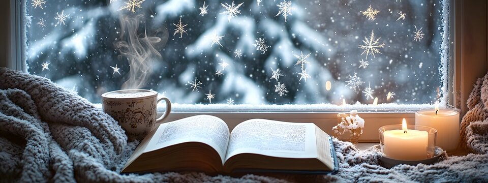 A cozy scene with an open book, a cup of coffee, and candles on the windowsill overlooking snow falling outside
