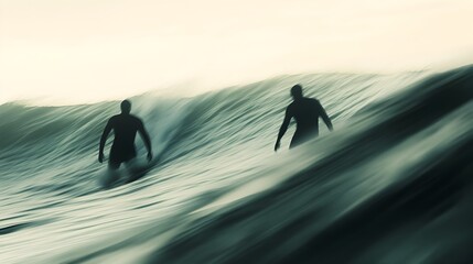 Ethereal Surfers Gliding Through Dreamlike Aquatic Landscape