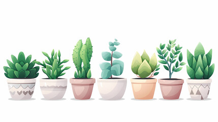 Fototapeta premium Set of different plants in pots isolated on white background illustration