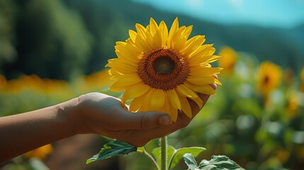 In the lower right corner, a woman's hand gently holds a blooming sunflower against a clear, blue sky background, representing optimism and strength.