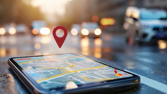 A smartphone rests on a wet street, showcasing a navigation map with a location pin as vehicles drive by during sunset.