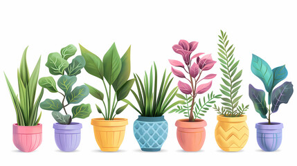 Obraz premium Set of different plants in pots isolated on white background illustration