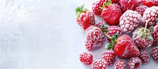 White frozen berry and healthy red strawberry fruit on a white background with copy space image.