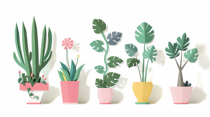 Set of different plants in pots isolated on white background illustration