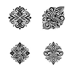 Set of four intricate black and white ornamental designs featuring swirls, symmetry, and abstract shapes for decorative use.