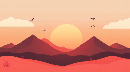 India &ndash; a minimalist landscape with red mountains, birds, and the sun rising in the sky, creating a warm and serene atmosphere, perfect for nature and travel themes.

