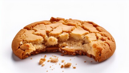 Capture the delicious detail of a half-eaten cookie with crumbs against a white background.