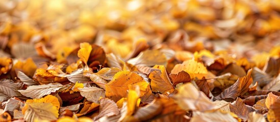 Obraz premium Selective focus on fresh and dry leaves featuring a copy space image.