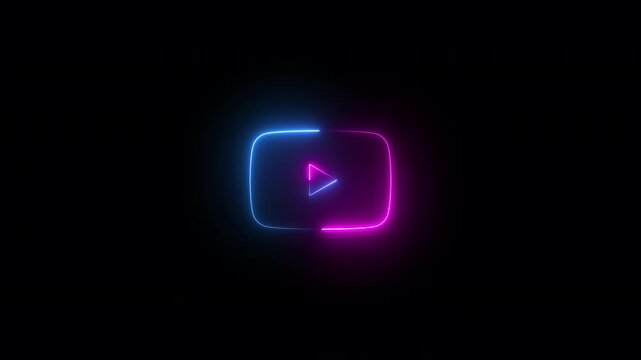 animation of neon play button icon on black background, blue and pink rays moving to both sides. glowing lines, 4K animated seamless loop template