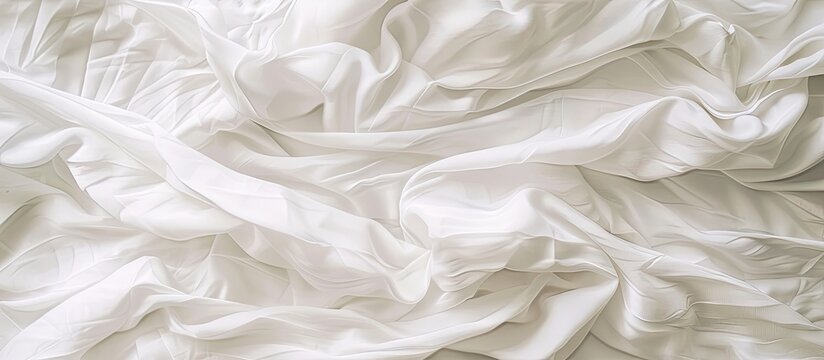 Top view of an unmade white bedsheet with a wrinkled texture, creating a rippled surface background, ideal for adding text or images (copy space image).