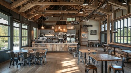 Natural light fills the inviting cafe featuring rustic wooden furniture and a coffee counter, ideal for gatherings.