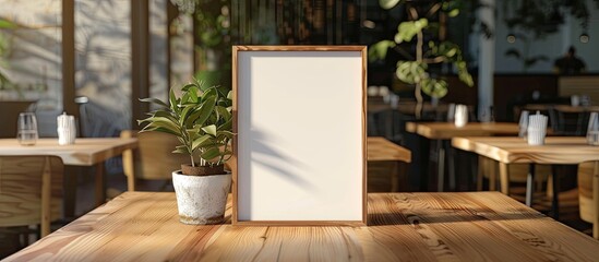 Restaurant's wooden table showcases a mockup menu frame, perfect for text insertion in the copy space image.