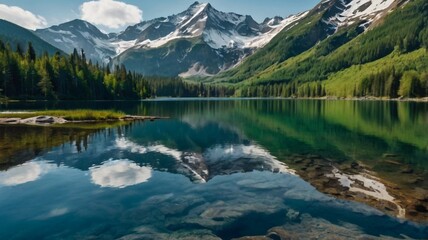 A serene mountain landscape with a crystal-clear lake reflecting the snow-capped peaks and lush green forests 