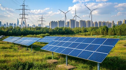 Solar panel and tower with wind turbines in a high voltage city background.