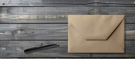 Top-down view of a mock-up featuring a letter envelope and a black pen on a gray wooden backdrop. Ideal for adding text in email newsletters or blogs with copy space image.