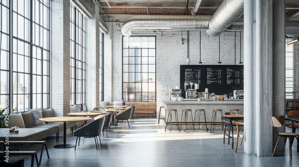Poster a spacious cafe features large windows allowing natural light, sleek furniture, and a stylish counte