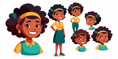 Set of young African American woman character on white background. Happy black girl
