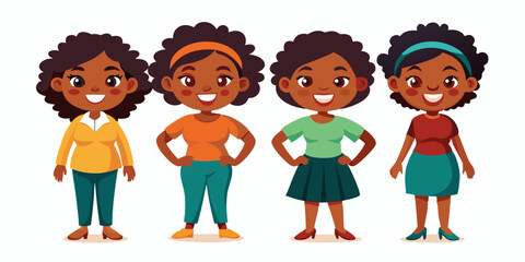 Set of young African American woman character on white background. Happy black girl
