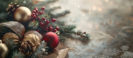Vintage Christmas decorations displayed on a ribbon with a nostalgic backdrop, creating an elegant and classic look for a copy space image.
