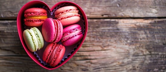 Heart-shaped box filled with vibrant macaroons, perfect for Valentine's Day gift, with space for text or design. image with copy space