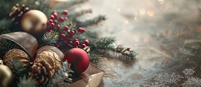 Vintage Christmas decorations displayed on a ribbon with a nostalgic backdrop, creating an elegant and classic look for a copy space image.