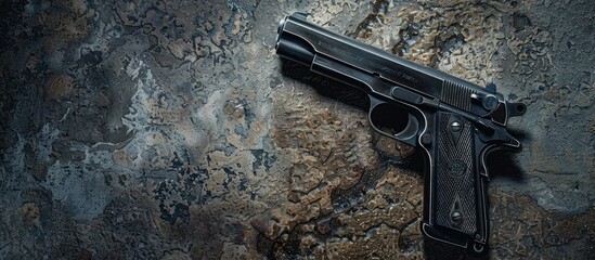 Top view of a black firearm resting on a stone table with copy space image. - Powered by Adobe