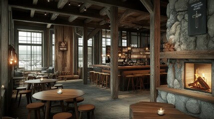 A warm and inviting rustic bar featuring wooden furniture, a cozy fireplace, and stunning mountain views. The atmosphere is perfect for relaxation and conversation.