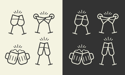 Alcohol cheers set.Two glasses of beer,wine,cocktail,sparkling wine icons.Friendship concept.Two toasting mugs,wineglasses clink symbol.Editable stroke.Transparent background.vector illustration EPS10