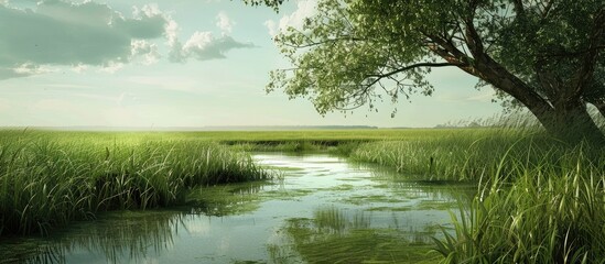 Obraz premium Image featuring a rural setting with a ditch, lush grass, and a body of water, providing ample space for adding text or other elements.