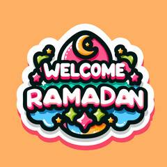 A colorful sticker with a moon and stars on it that says "Welcome Ramadan"