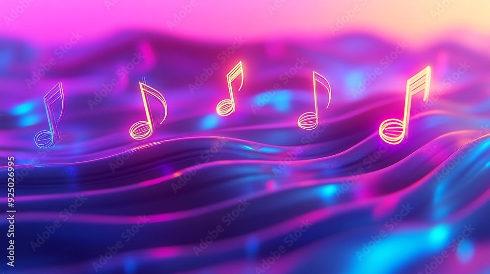 Aufkleber 3d floating neon musical notes with abstract digital waves and ambient lighting