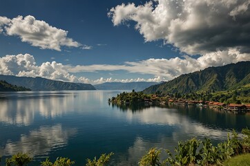 Obraz premium Top viewpoint over lake Toba and Samosir Island Sumatra Indonesia
