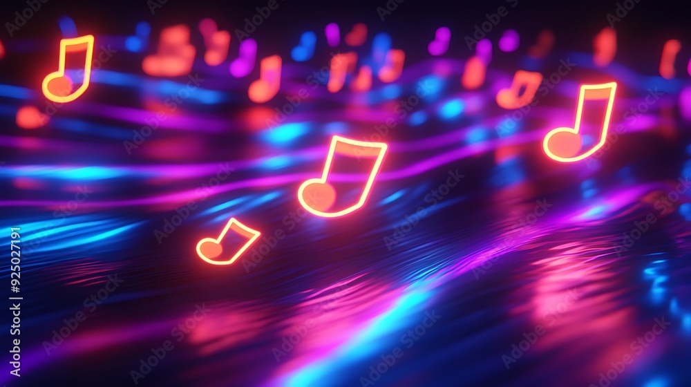 Poster 3D Floating Neon Musical Notes with Abstract Digital Waves and Ambient Lighting
