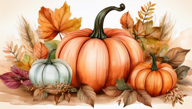 Fall sublimation, Watercolor thanksgiving pastel pumpkin leaf clipart, Autumn farm clip art, Printable hand drawn digital download image