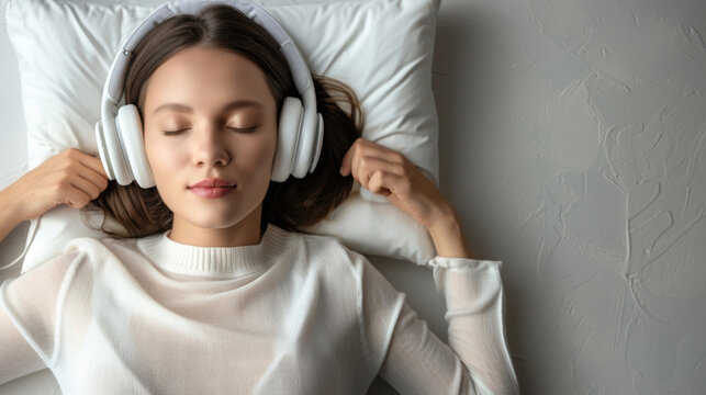A stylish woman listen to music with headphones while lying on a bed. Pretty girl dreams with her eyes closed.