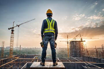 Back view of construction worker standing in front of a construction site at sunrise