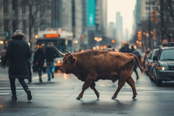 A bull is walking down a city street with people and cars around it, chaotic and unexpected