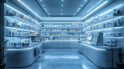 Obraz premium Modern Medical Dispensary: A sleek, well-organized room with shelves stocked with various medications, medical supplies, and advanced dispensing machines.